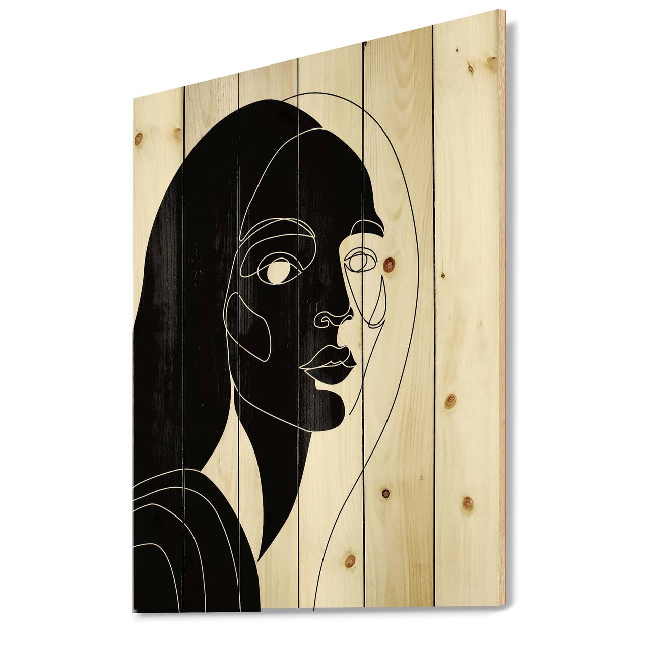 Designart - Retro Monochrome Minimal Portrait of Young Woman - Modern Print on Natural Pine Wood